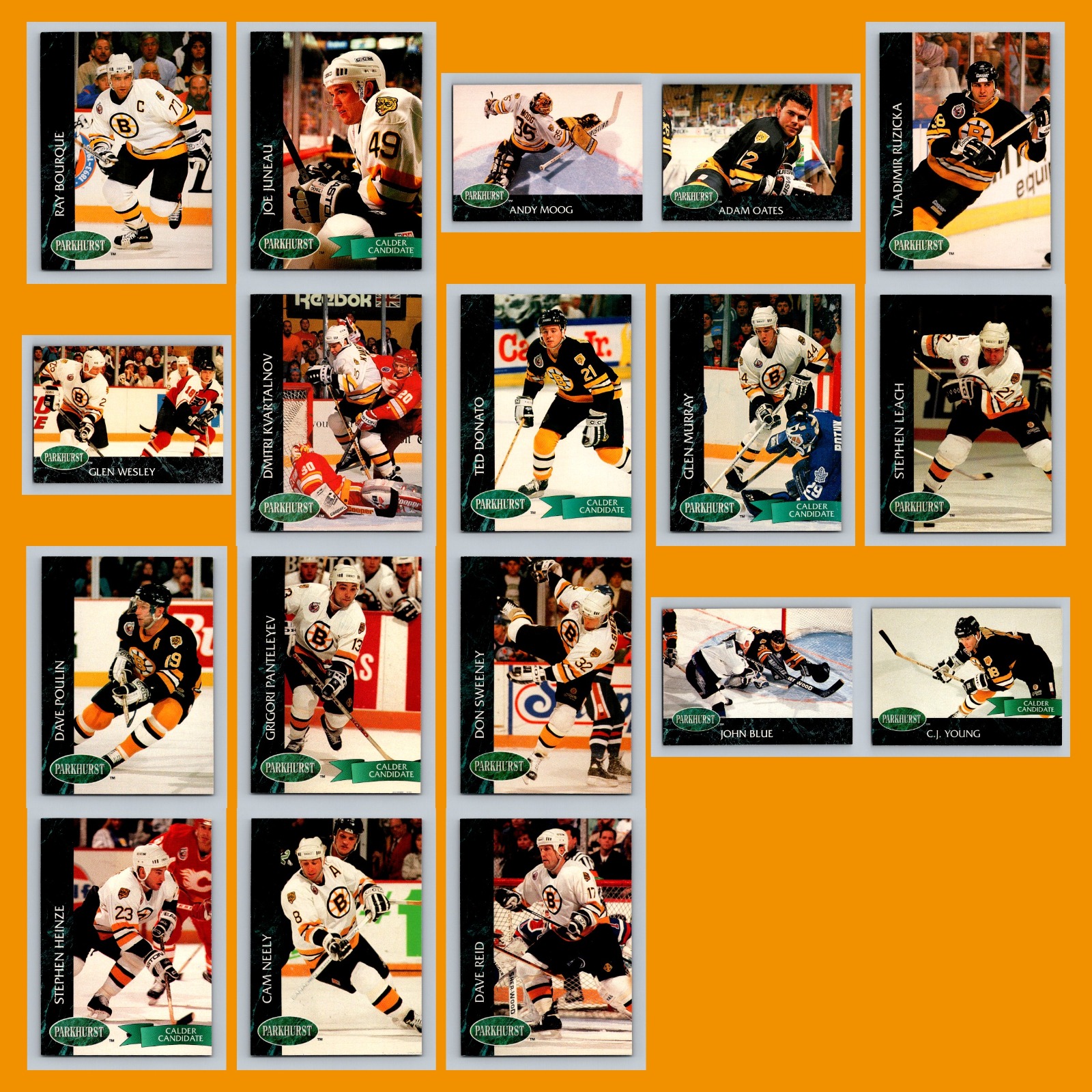 Boston Bruins 1992-93 Parkhurst Lot of 18 Hockey Cards All Pictured card scans. Overall card condition is Near Mint.