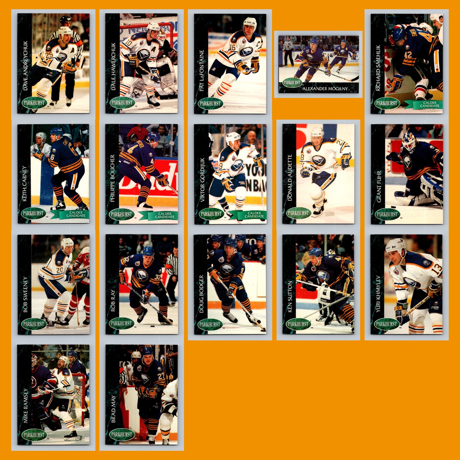 Buffalo Sabres 1992-93 Parkhurst Lot of 17 Hockey Cards All Pictured card scans. Overall card condition is Near Mint.