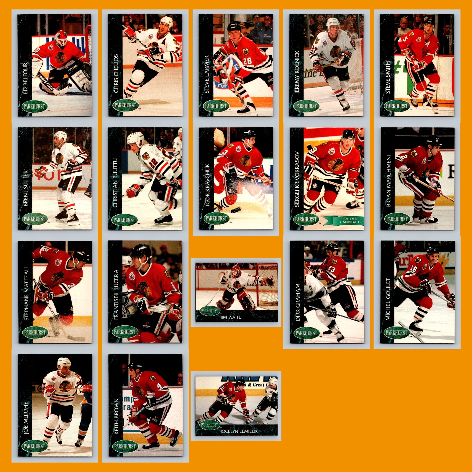 Chicago Blackhawks 1992-93 Parkhurst Lot of 18 Hockey Cards All Pictured card scans. Overall card condition is Near Mint.