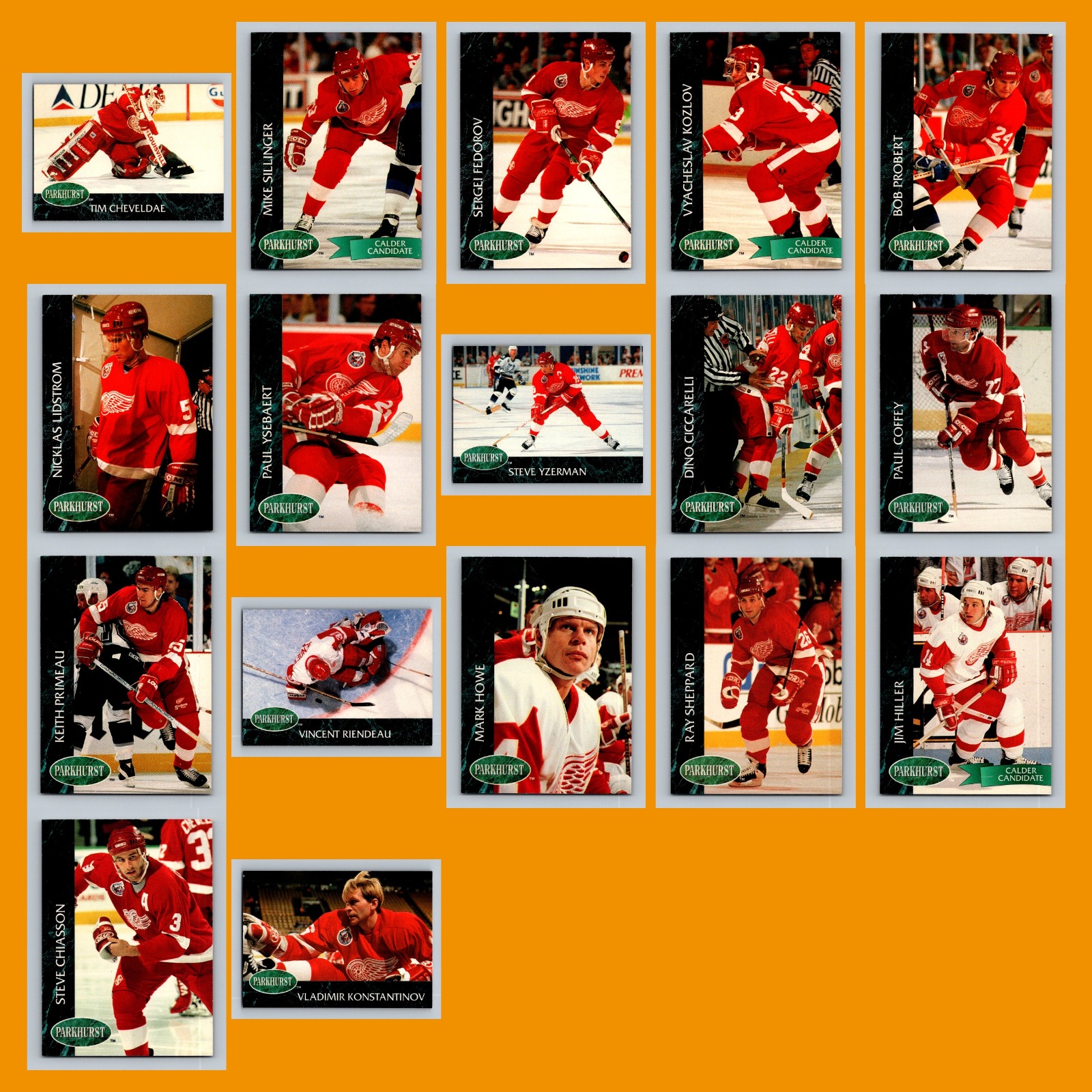 Detroit Red Wings 1992-93 Parkhurst Lot of 17 Hockey Cards All Pictured card scans. Overall card condition is Near Mint.