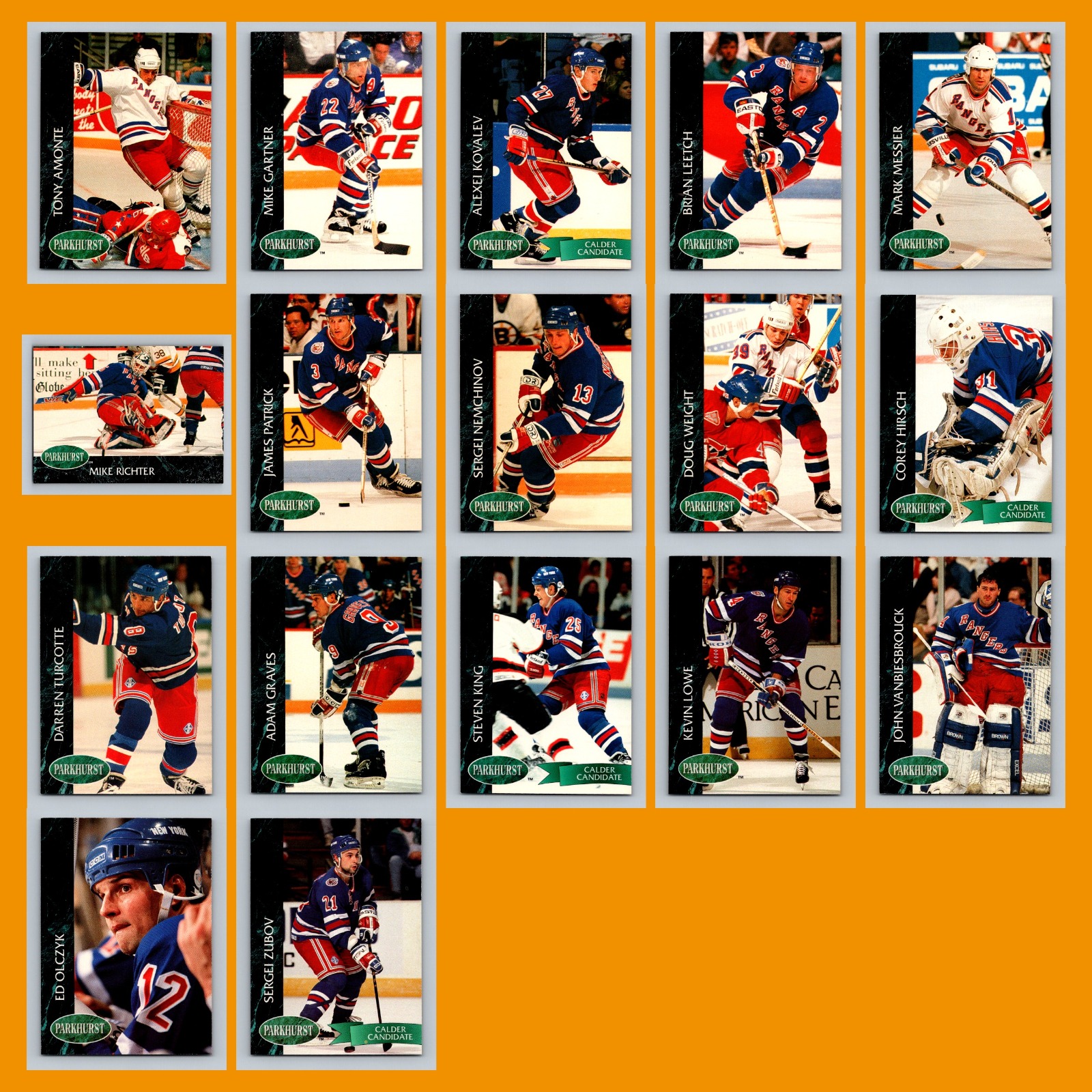 New York Rangers 1992-93 Parkhurst Lot of 17 Hockey Cards All Pictured card scans. Overall card condition is Near Mint.