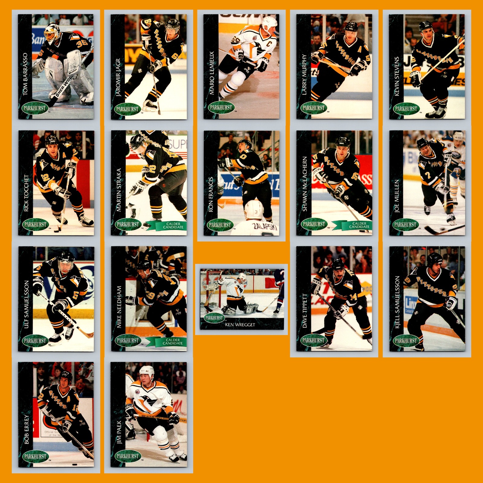 Pittsburgh Penguins 1992-93 Parkhurst Lot of 17 Hockey Cards All Pictured card scans. Overall card condition is Near Mint.