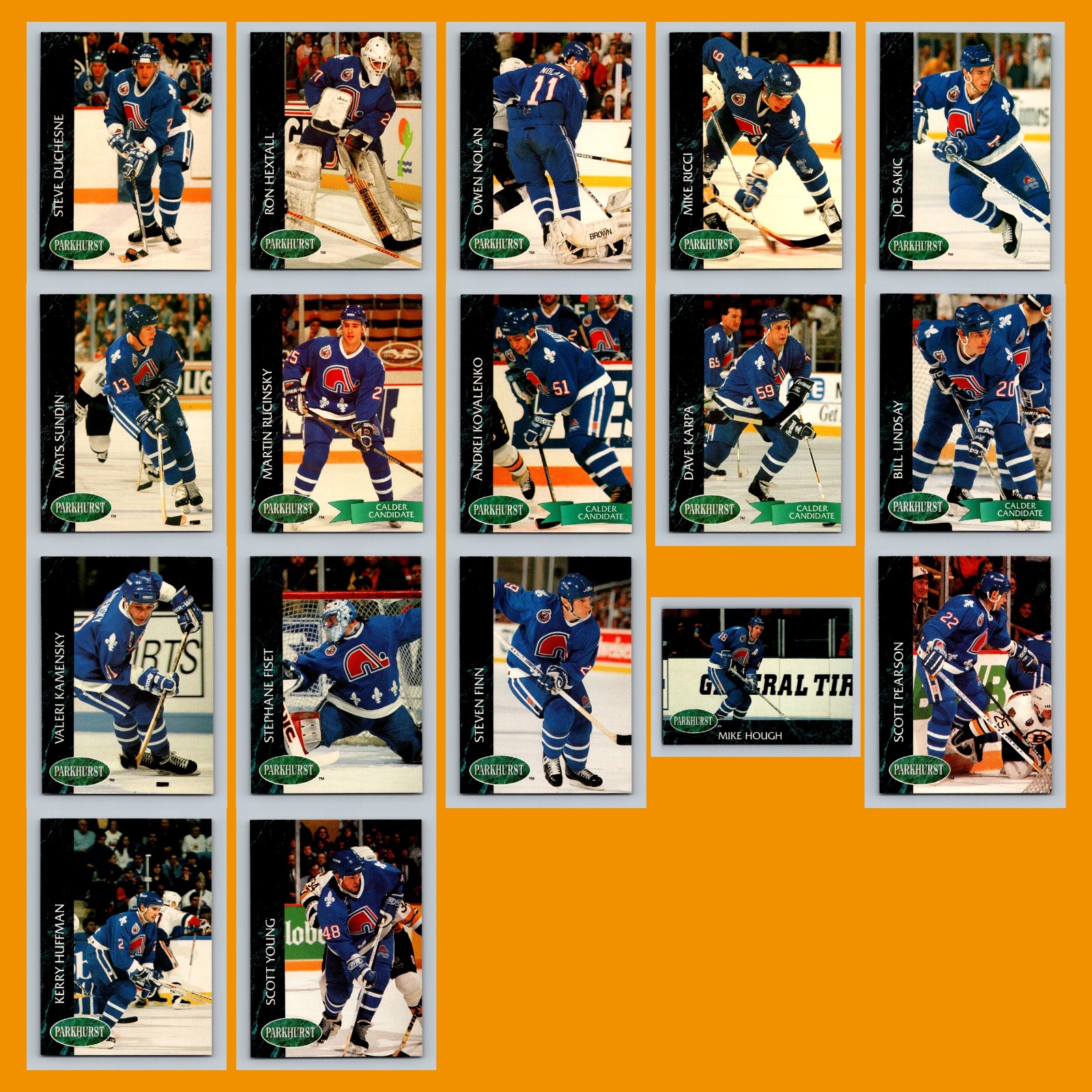 Quebec Nordiques 1992-93 Parkhurst Lot of 17 Hockey Cards All Pictured card scans. Overall card condition is Near Mint.