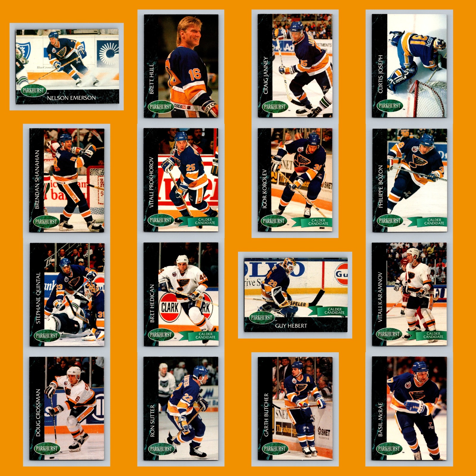 St. Louis Blues 1992-93 Parkhurst Lot of 16 Hockey Cards All Pictured card scans. Overall card condition is Near Mint.