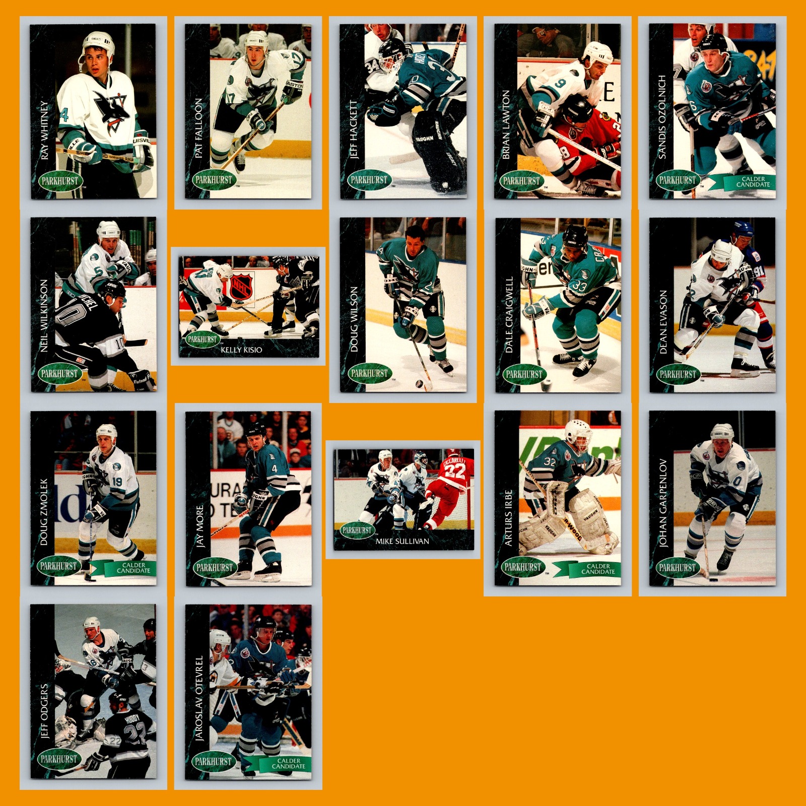 San Jose Sharks 1992-93 Parkhurst Lot of 17 Hockey Cards All Pictured card scans. Overall card condition is Near Mint.
