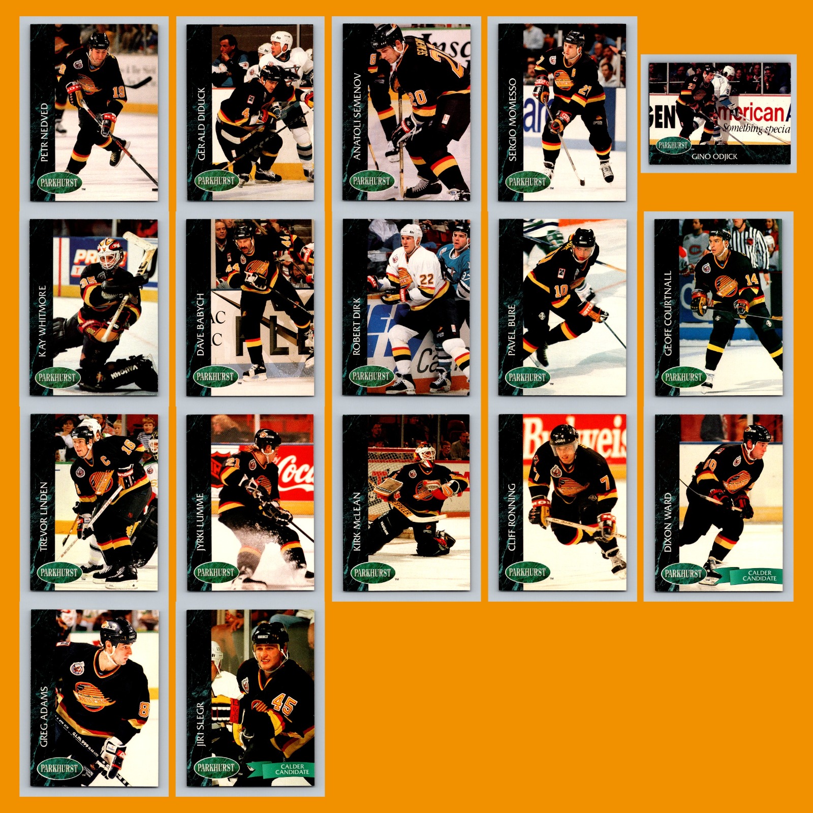Vancouver Canucks 1992-93 Parkhurst Lot of 17 Hockey Cards All Pictured card scans. Overall card condition is Near Mint.