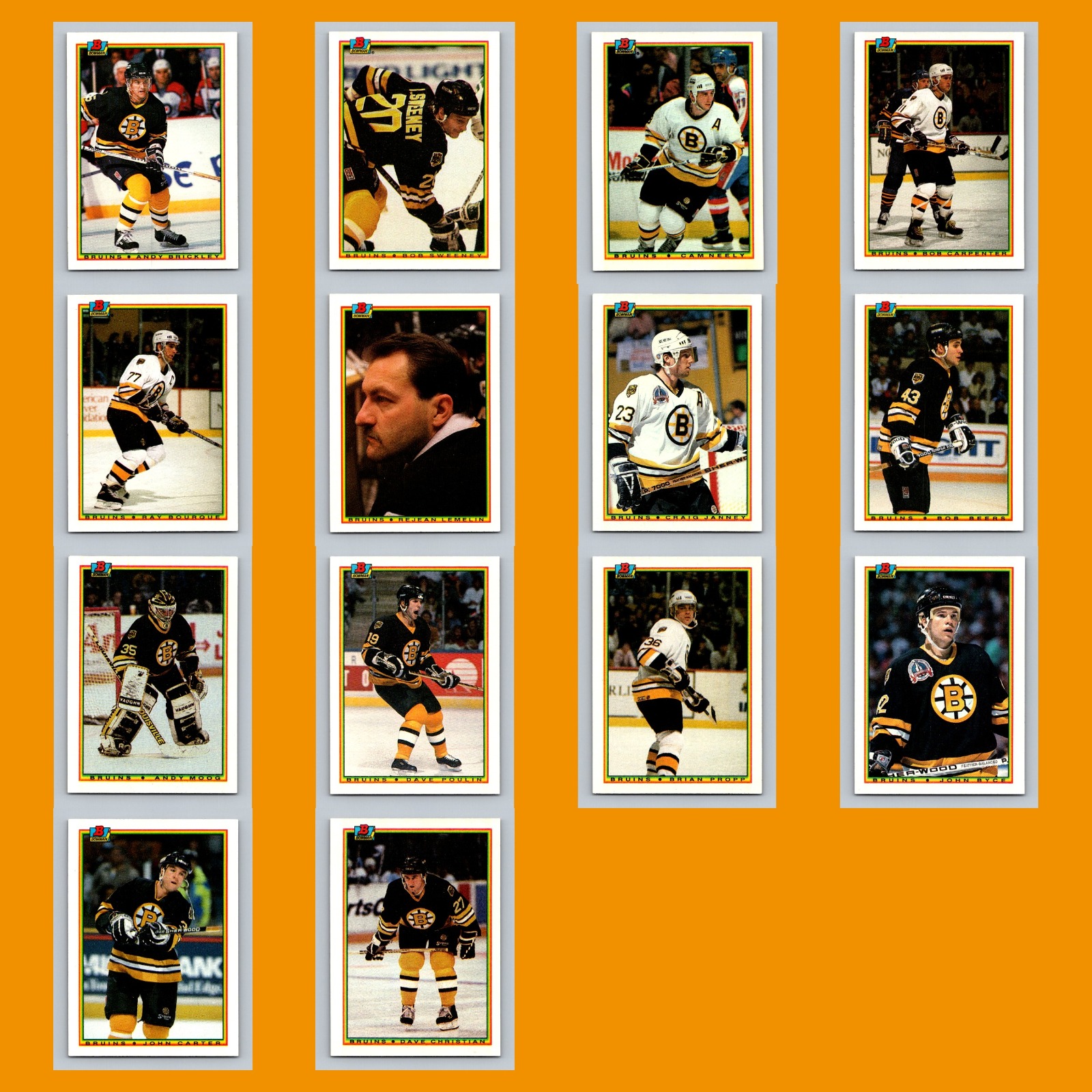 Boston Bruins 1990-91 Bowman Lot of 14 Hockey Cards All Pictured card scans. Overall card condition is Near Mint.